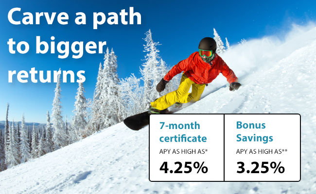 Carve a path to bigger returns, 7-month certificate APY as high as* 4.15% and Bonus Savings APY as high as* 3.25%